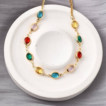 304 из нержавеющей стали Снаряженная цепи ожерелья, Овальные стеклянные бусины ожерелья для женщин, граненые