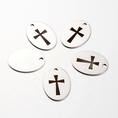 Spray Painted 201 Stainless Steel Pendants, Oval with Cross Pattern, 30x22x1mm, Hole: 3mm