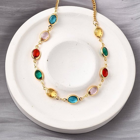 304 из нержавеющей стали Снаряженная цепи ожерелья, Овальные стеклянные бусины ожерелья для женщин, граненые