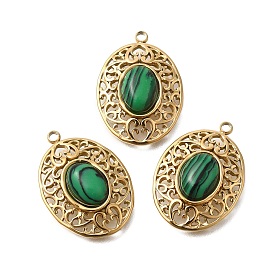 Natural Malachite Pendants, with Vacuum Plating 201 Stainless Steel Findings, Oval