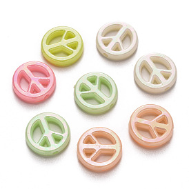 Opaque Acrylic Beads, AB Color Plated, Flat Round, Peace Sign