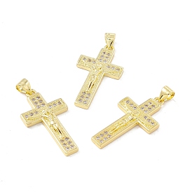 Rack Plating Brass Micro Pave Clear Cubic Zirconia Pendants, Long-Lasting Plated, Cadmium Free & Lead Free, Crucifix Cross
