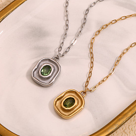 Colgante de latón con circonitas cúbicas verdes 304 Collares con cadena de clip de papel de acero inoxidable, Rectángulo