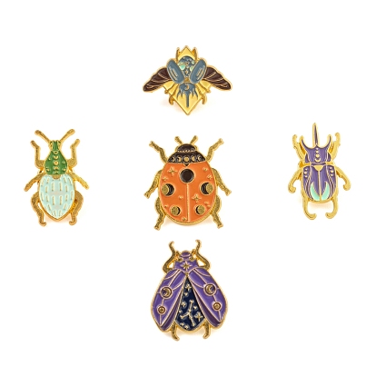 5Pcs 5 Style Alloy Enamel Brooches, Enamel Pin, with Butterfly Clutches, Insect & Ladybird/Ladybug, Golden