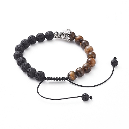 Unisex Adjustable Nylon Thread Braided Bead Bracelets, with Natural Lava Rock & Tiger Eye Round Beads, Tibetan Style Alloy Beads, Dragon Head
