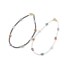 2Pcs 2 Style Natural Mixed Gemstone Chips & Glass Seed Beaded Necklaces Set for Women