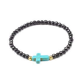 Cross Stretch bracelet for Girl Women, Synthetic Turquoise(Dyed) & Natural White Jade & Malaysia Beads Energy Bracelet, Turquoise(Dyed)