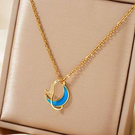 Shiny Brass Micro Pave Clear Cubic Zirconia Pendant Necklaces for Women, with Enamel, Moon and Fishtail