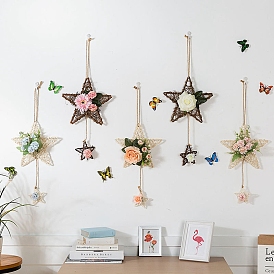 Rattan Star with Artificial Flower Pendant Wall Decorations, DIY Rattan Ornament For Party Home Display