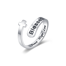 Cross & Word Blessed Stainless Steel Open Cuff Ring, Perfect for Daily Party Wear