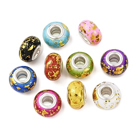 Европейские бусины-рондель из непрозрачной смолы, с золотой фольгой и латунными двойными сердечниками серебристого тона, бусины с большим отверстием