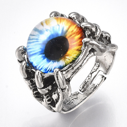 Adjustable Alloy Glass Finger Rings, Wide Band Rings, Dragon Eye