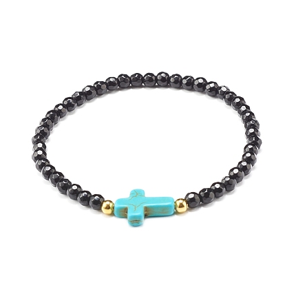 Cross Stretch bracelet for Girl Women, Synthetic Turquoise(Dyed) & Natural White Jade & Malaysia Beads Energy Bracelet, Turquoise(Dyed)