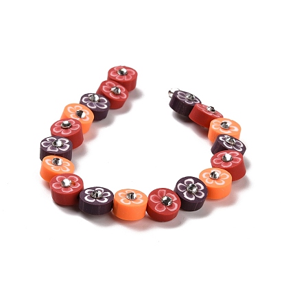 Handmade Polymer Clay Beads Strands, with Seed Beads and Rhinestone, Flat Round with Flower Pattern