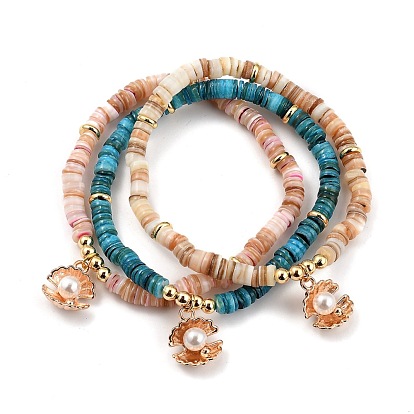 Estirar las pulseras del encanto, con granos de cobre amarillo, Cuentas de heishi de concha natural y dijes de aleación., abs de plástico imitación perla, shell forma, dorado