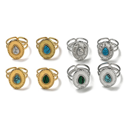 Овальная каплевидная форма 304 открытые манжеты из нержавеющей стали, кольца на палец из синтетического малахита и бирюзы для женщин и мужчин