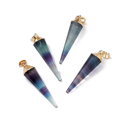 Natural Fluorite Pendants, Faceted Cone Charms, with Rack Plating Brass Findings