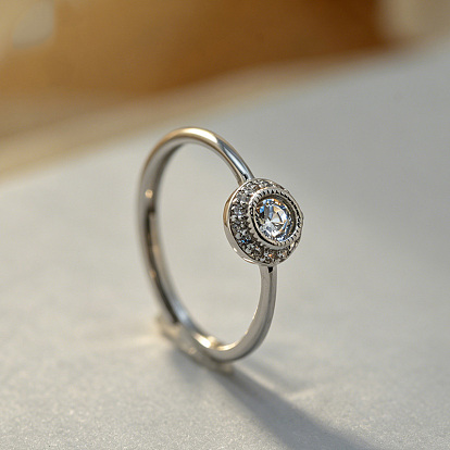 Brass Micro Pave Clear Cubic Zirconia Finger Rings, Flat Round
