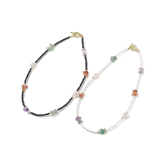 2Pcs 2 Style Natural Mixed Gemstone Chips & Glass Seed Beaded Necklaces Set for Women