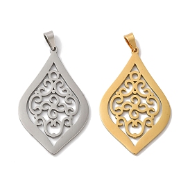 304 Stainless Steel Pendants, Laser Cut, Teardrop with Flower Charm