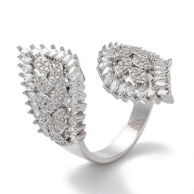 Brass Micro Pave Cubic Zirconia Cuff Rings, Long-Lasting Plated, Leaf