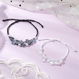 2Pcs 2 Colors Adjustable Nylon Thread Braided Bead Bracelets, Star Glass Beads and ABS Plastic Pearl Bracelets for Women