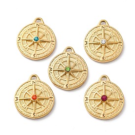 304 из нержавеющей стали горный хрусталь подвески, ионное покрытие (ip), реальный 14 k позолоченный, плоский круглый с подвеской в виде компаса