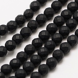 Frosted Natural Black Agate Bead Strands, Dyed, Faceted(64 Facets) Round