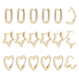6Pairs 3 Styles Brass Huggie Hoop Earrings, Long-Lasting Plated, Mixed Shapes