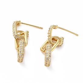Cubic Zirconia Interlocking Oval Dangle Stud Earrings, Rack Plating Real 18K Gold Plated Brass Half Hoop Earrings for Women, Lead Free & Cadmium Free