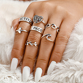 Retro 7-Piece Ring Set with Heart, Leaf, Letter and Fish Tail Design