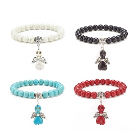 Synthetic Turquoise(Dyed) Beaded Stretch Bracelet with Skull Charm, Gemstone Jewelry for Women