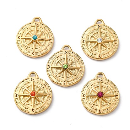 304 из нержавеющей стали горный хрусталь подвески, ионное покрытие (ip), реальный 14 k позолоченный, плоский круглый с подвеской в виде компаса