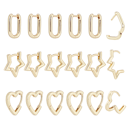 6Pairs 3 Styles Brass Huggie Hoop Earrings, Long-Lasting Plated, Mixed Shapes