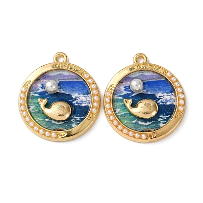 Печатные подвески сплава, плоские круглые и китовые подвески, с ABS имитации жемчуга, стойки покрытие