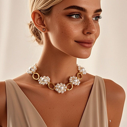 Colliers à maillons en alliage avec motif losange et fleur en plastique pour femmes, or