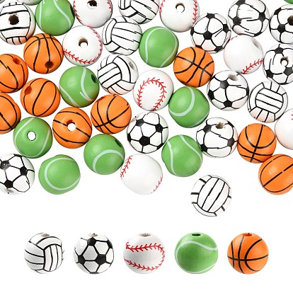 100Pcs 5 Style Painted Natural Wood European Beads, Large Hole Beads, Printed, Baseball & Volleyball & Football & Basketball