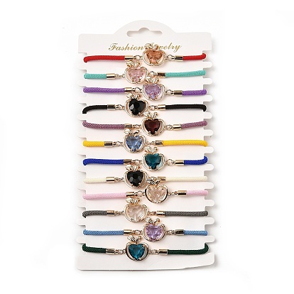 12шт 12 цвета полиэстер браслеты, латунные стеклянные звенья ювелирные изделия для женщин, яблоко