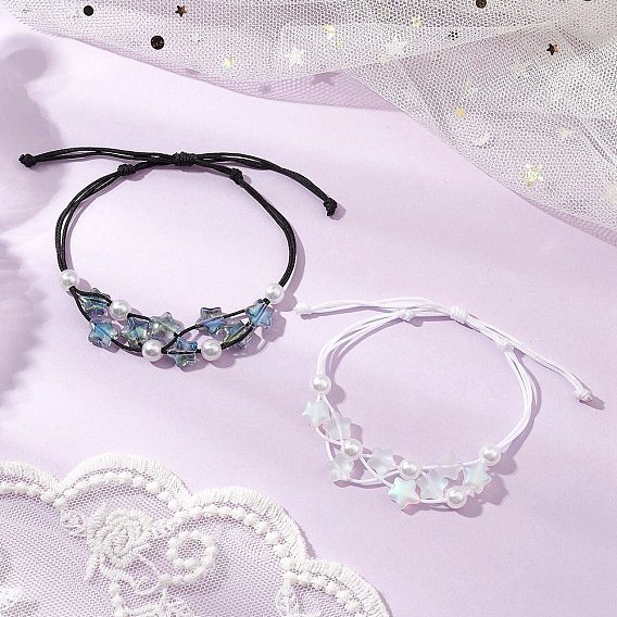 2Pcs 2 Colors Adjustable Nylon Thread Braided Bead Bracelets, Star Glass Beads and ABS Plastic Pearl Bracelets for Women