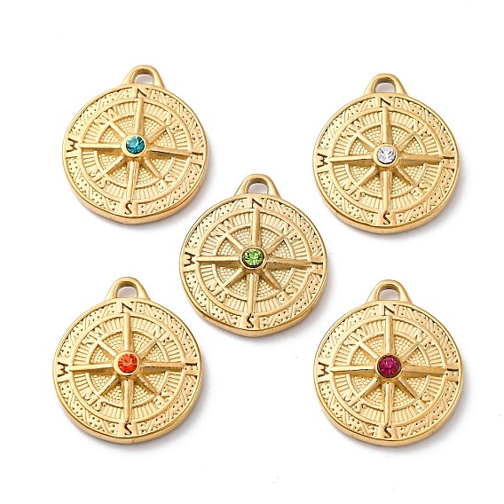304 из нержавеющей стали горный хрусталь подвески, ионное покрытие (ip), реальный 14 k позолоченный, плоский круглый с подвеской в виде компаса