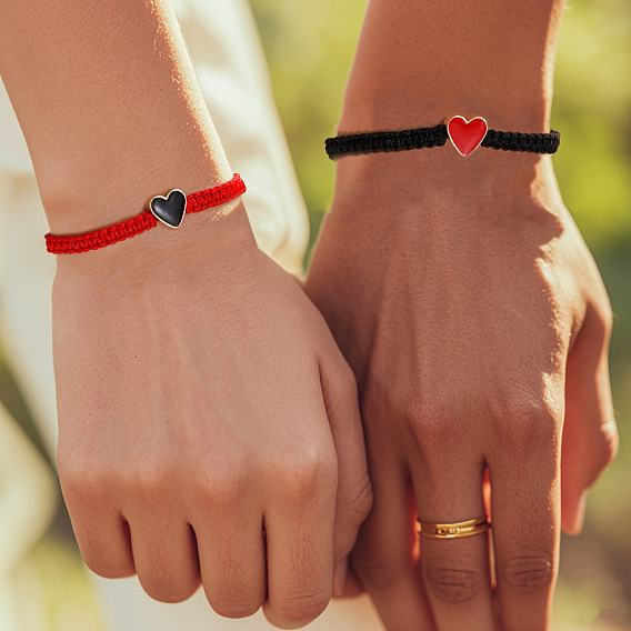 Ручная работа сердце латунные эмалевые бусины плетеные браслеты из бусин, регулируемые плетеные браслеты из полиэфирного шнура для пары