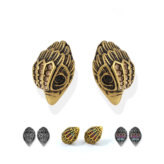 Серьги-гвоздики с птичьей головой из латуни с микропаве из кубических цирконий