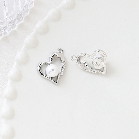 Platinum Tone Alloy Pendants, with Plastic Imitation Pearl Beads, Heart/Half Round Charms