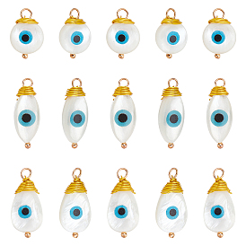 Nbeads 18Pcs 3 Style Freshwater Shell Pendants, with Golden Brass Findings, Flat Round & Teardrop with Evil Eye