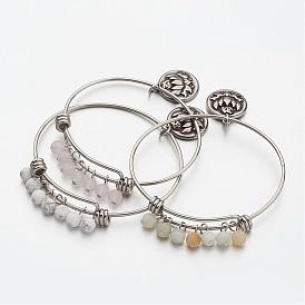 Réglable 304 bracelet de pierres précieuses en acier inoxydable, lotus plat rond et ohms pendentif