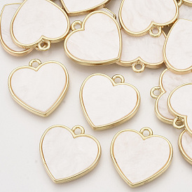 Pearlized Style Resin Pendants, with Light Gold Plated Alloy Pendant Cabochon Settings, Heart