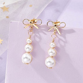 Серьги-гвоздики с кисточками из ракушек и жемчуга в форме банта, с латунными серьгами