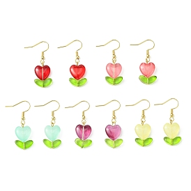 Heart Flower Glass & Lampwork Dangle Earrings, 304 Stainless Steel Earrings for Women
