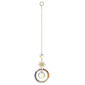 Glass Teardrop Pendant Decorations, Hanging Suncatchers, with Chakra Natural Gemstone & Brass Ring Charm, Sun
