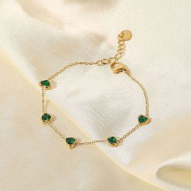 Stylish 14K Gold Heart-Shaped Green Cubic Zirconia Bracelet with Titanium Steel Chain - Fashionable Women's Jewelry
